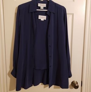 100% Washable Silk Camisole and Long Blouse Set in Navy Size…